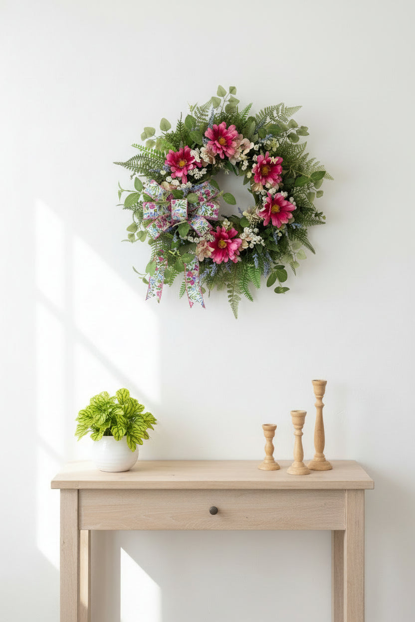 Hot Pink Daisy Wreath, Colorful Spring Summer Wreath