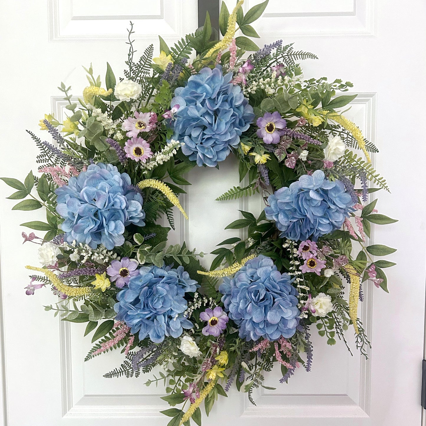 Summer Garden Wreath with Blue Hydrangeas, Spring Summer Wreath for Front Door
