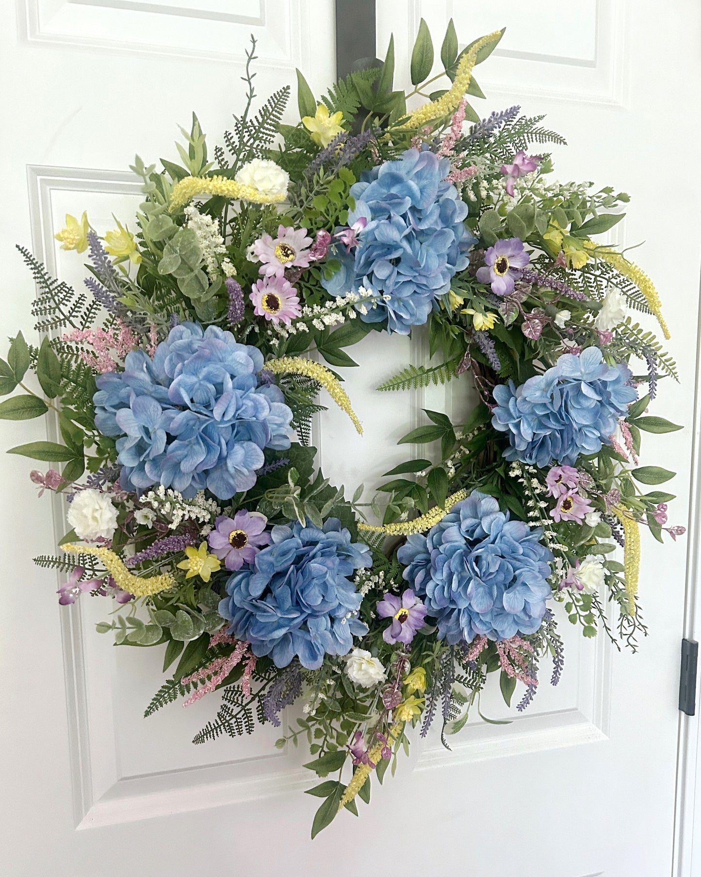 Summer Garden Wreath with Blue Hydrangeas, Spring Summer Wreath for Front Door