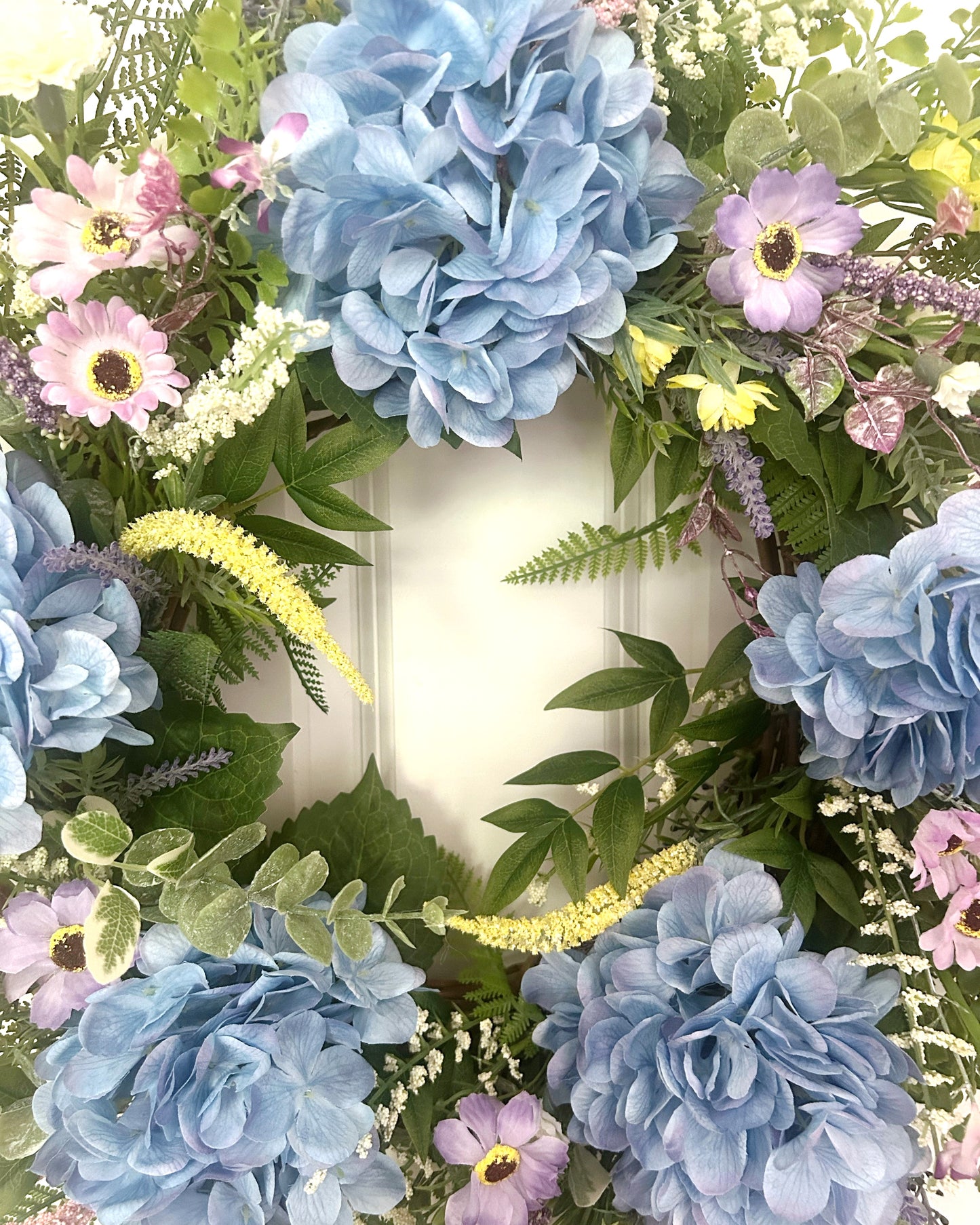 Summer Garden Wreath with Blue Hydrangeas, Spring Summer Wreath for Front Door