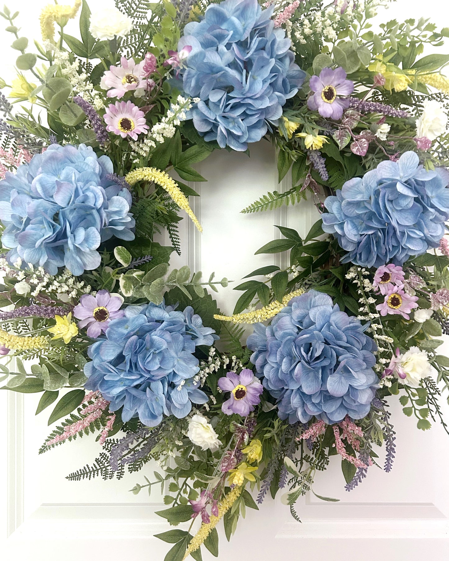 Summer Garden Wreath with Blue Hydrangeas, Spring Summer Wreath for Front Door