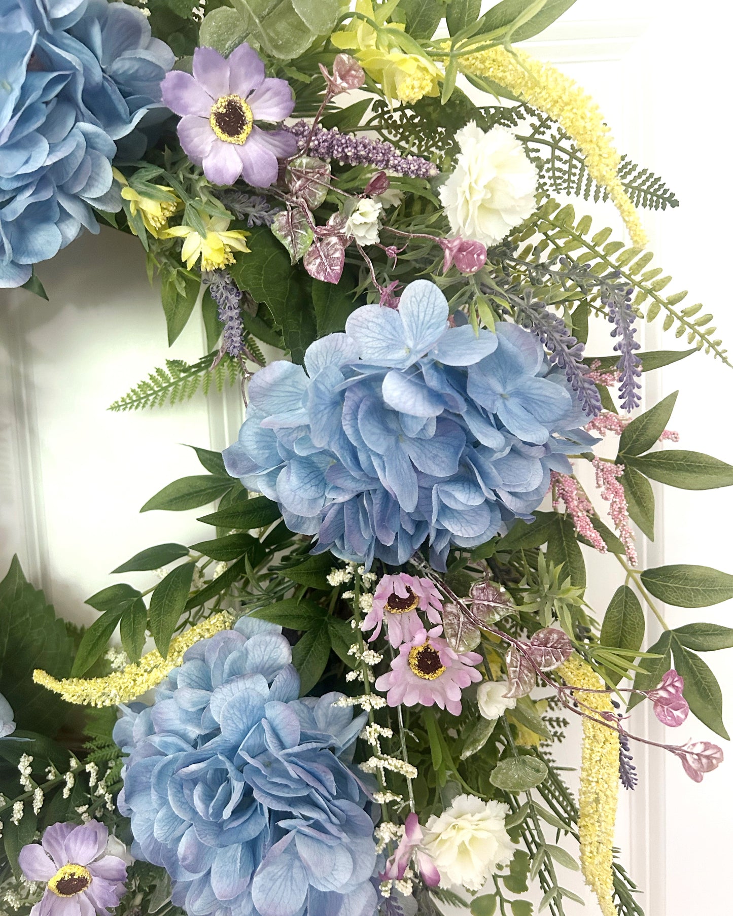 Summer Garden Wreath with Blue Hydrangeas, Spring Summer Wreath for Front Door