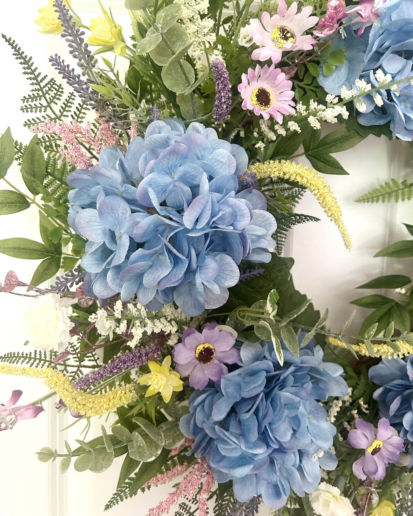 Summer Garden Wreath with Blue Hydrangeas, Spring Summer Wreath for Front Door