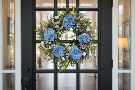 Summer Garden Wreath with Blue Hydrangeas, Spring Summer Wreath for Front Door