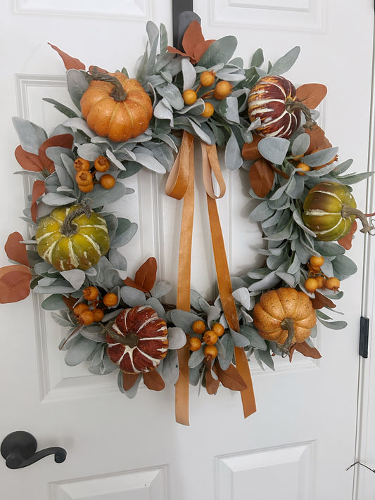 Large Fall Wreath for Front Door with Lambs Ear and Pumpkins