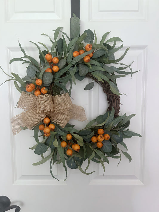 Modern Fall Wreath for Front Door – Orange Berry & Eucalyptus Farmhouse Door Décor