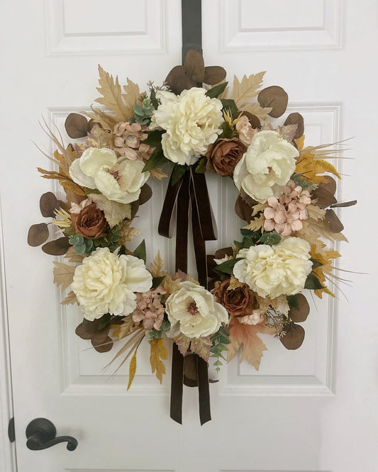 Neutral Fall Wreath with Cream Peonies & Magnolia Blooms | Elegant Autumn Door Décor with Velvet Bow – 24”