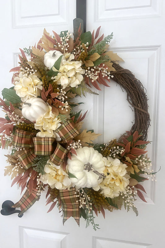 Large White Pumpkin Wreath with Cream Hydrangeas – Elegant Neutral Fall Door Décor