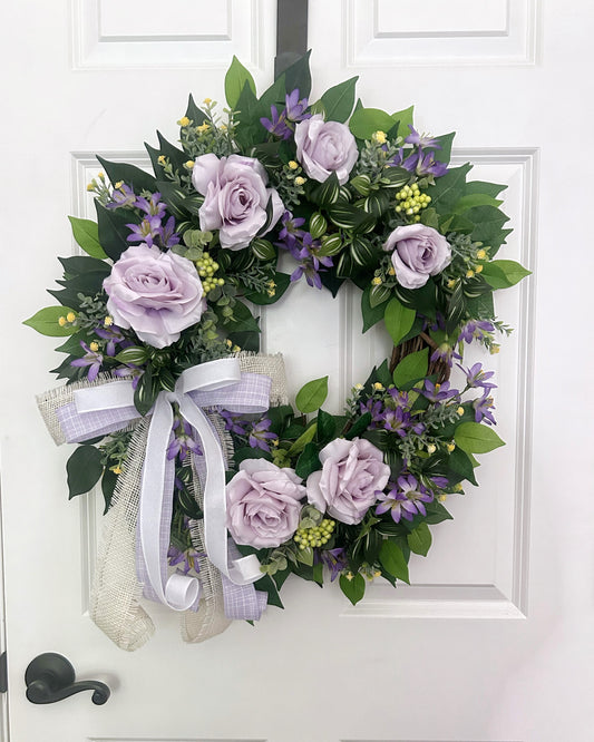 Summer Wreath for Front Door with Lavender Roses and Mixed Greenery, Purple Rose Wreath