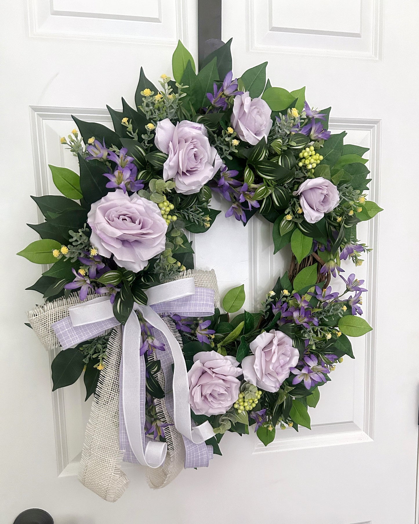 Summer Wreath for Front Door with Lavender Roses and Mixed Greenery, Purple Rose Wreath