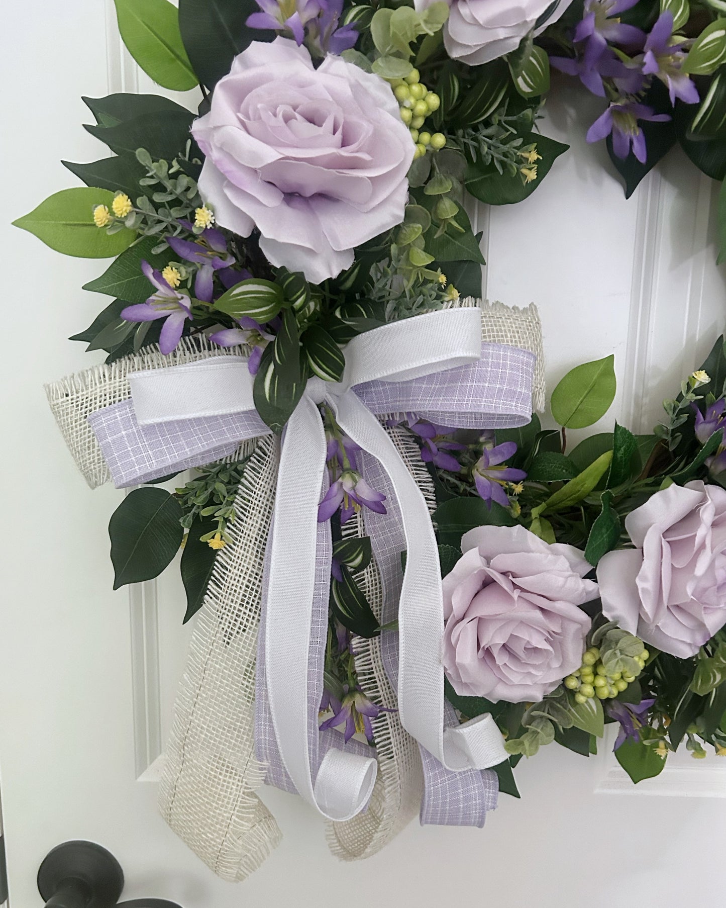 Summer Wreath for Front Door with Lavender Roses and Mixed Greenery, Purple Rose Wreath