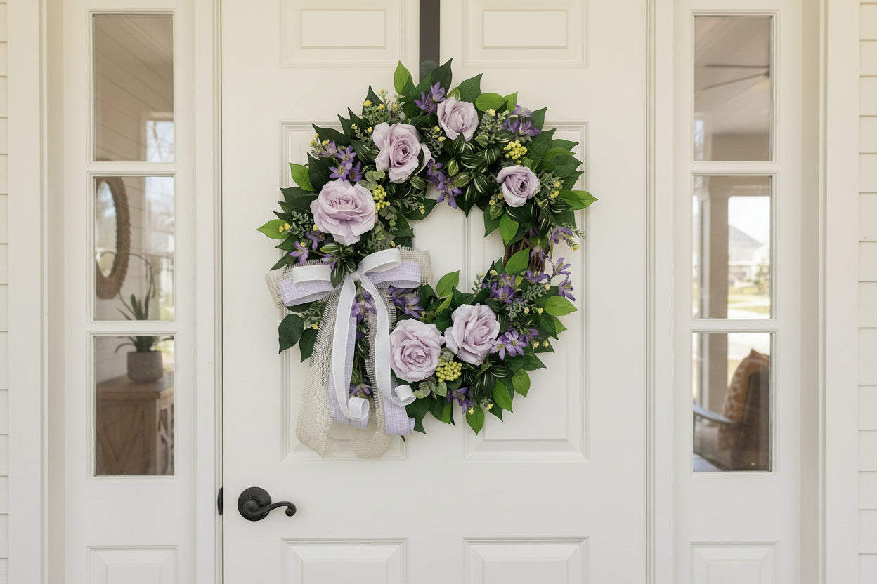 Spring Summer Wreath for Front Door with Lavender Roses and Mixed Greenery, Purple Rose Wreath
