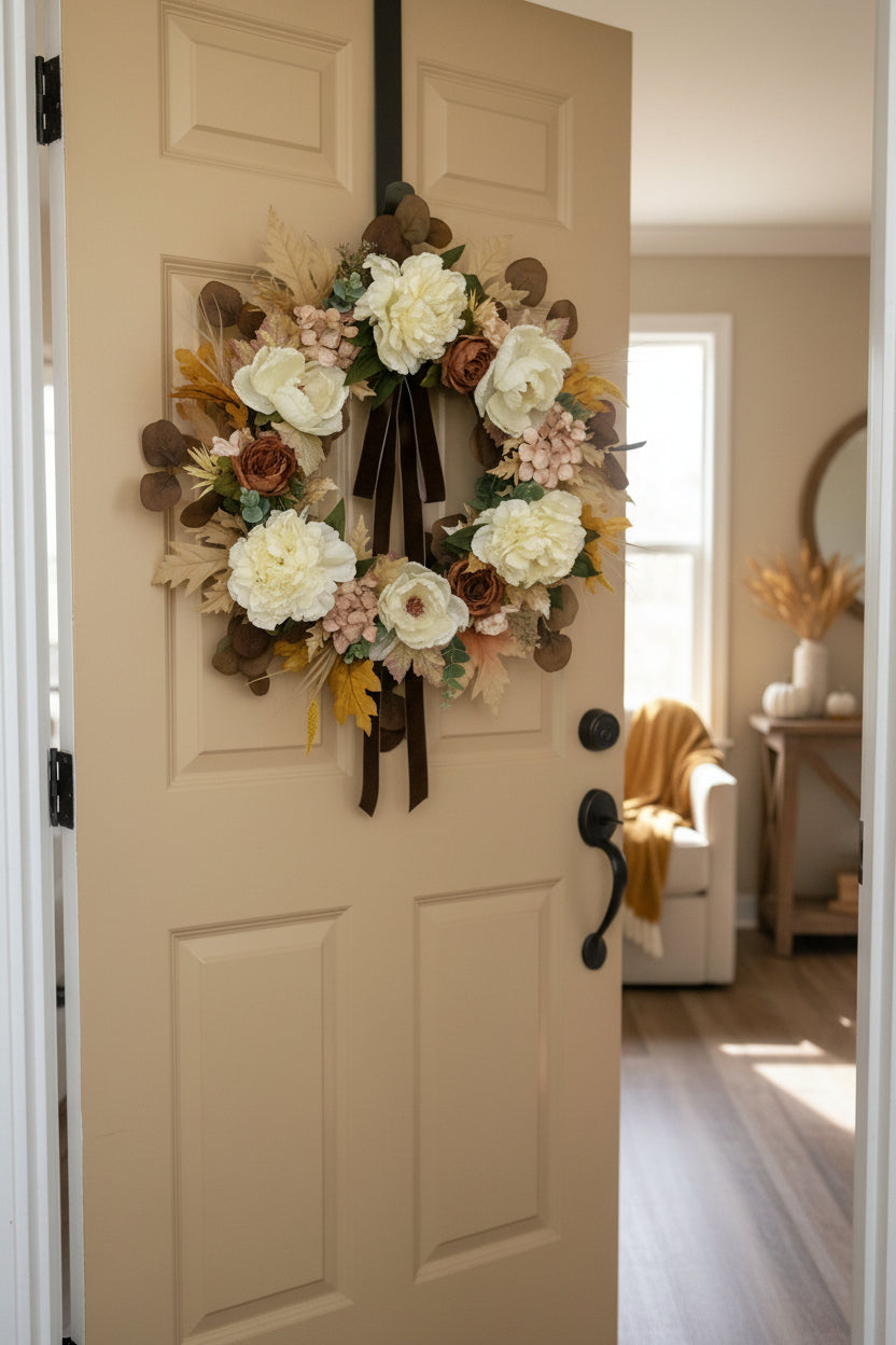 Neutral Fall Wreath with Cream Peonies & Magnolia Blooms | Elegant Autumn Door Décor with Velvet Bow – 24”
