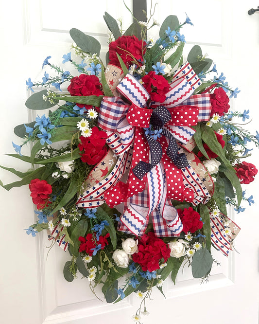Patriotic Wreath for Front Door with Red Geraniums