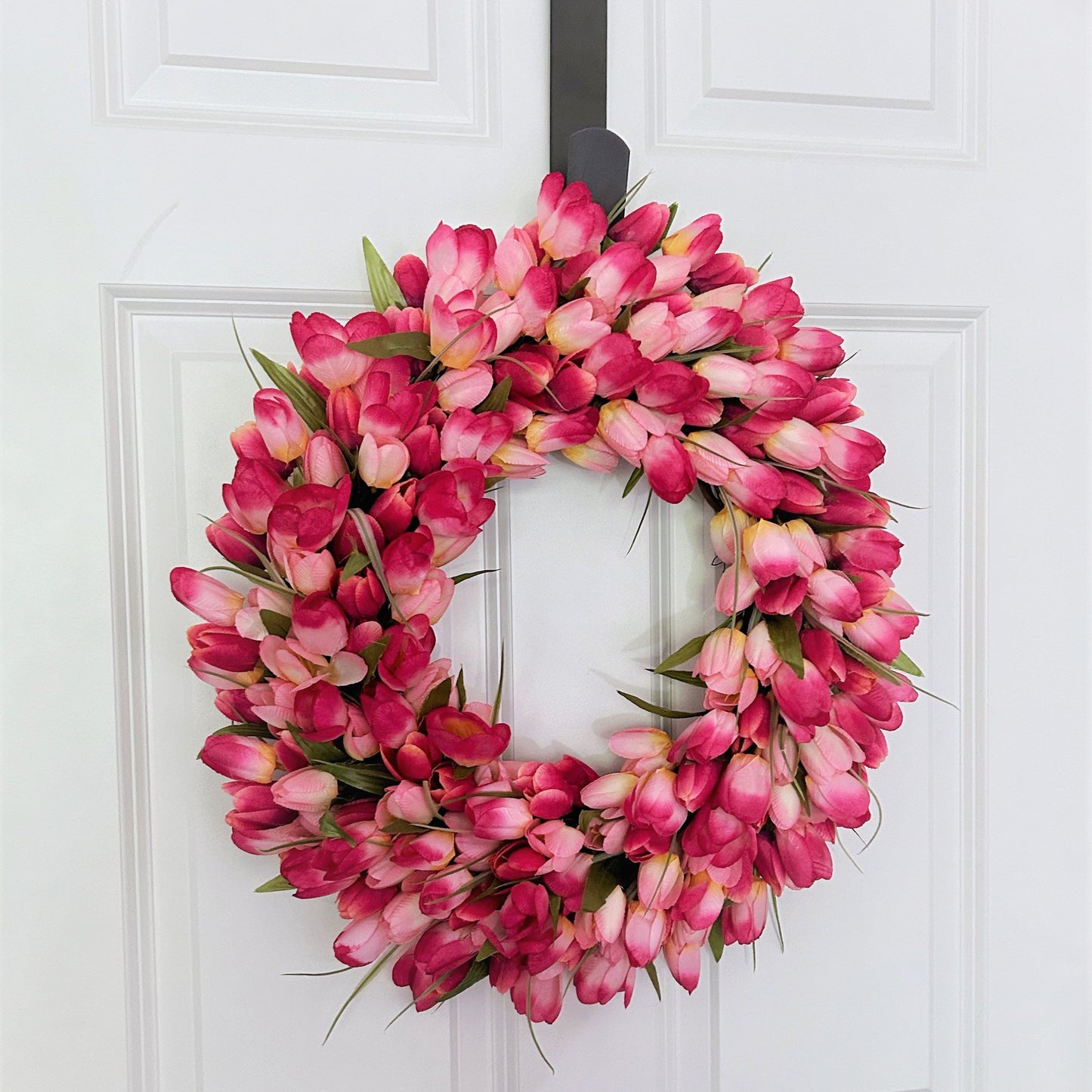 Hot Pink Tulip Wreath: Spring Front Door Decor, Artificial Floral Wreath