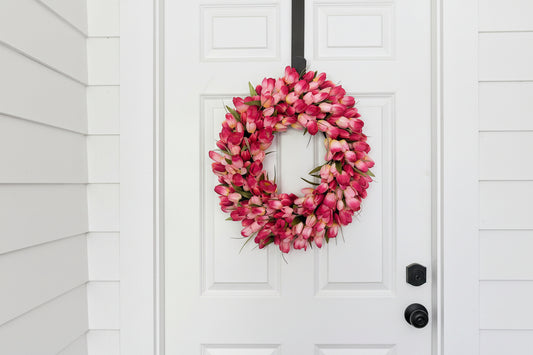 Hot Pink Tulip Wreath: Spring Front Door Decor, Artificial Floral Wreath