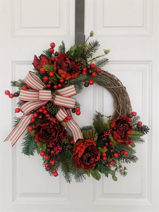 Valentine's Day Wreath for Front Door | Red Peony Wreath for Winter | Romantic Heart Door Decor