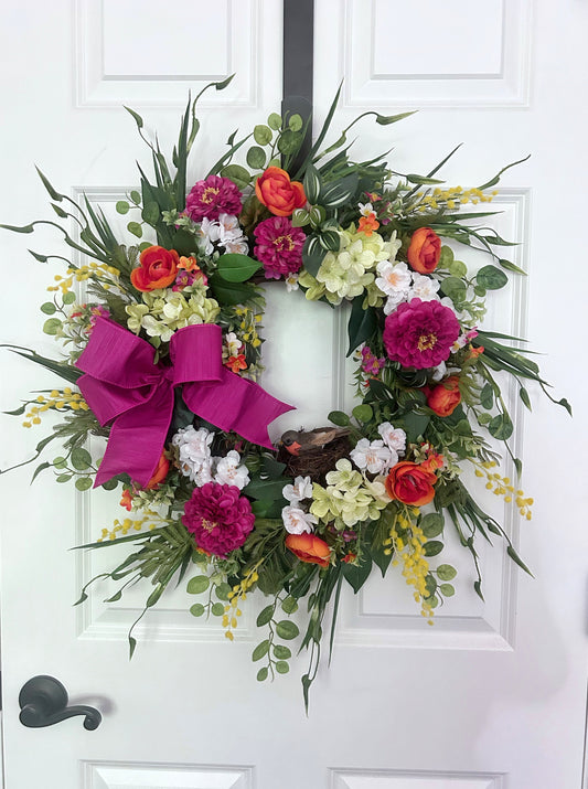 Summer Front Door Wreath, Colorful Floral Wreath with Bird Nest, Pink Zinnia Hydrangea, Bright Spring Summer Door Decor, Mother's Day Gift