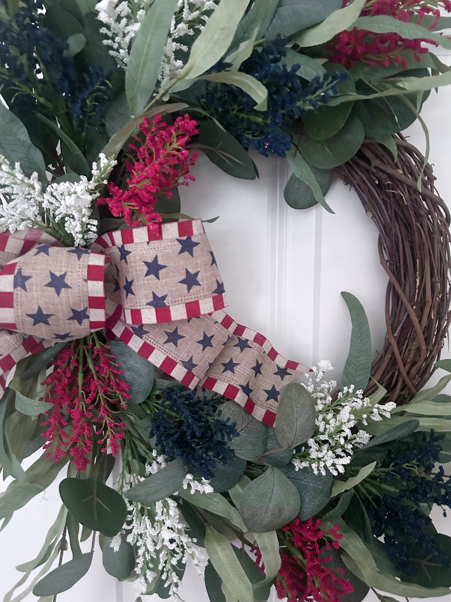 Patriotic Wreath for Front Door, Rustic Americana Decor, Red White Blue Berry Wreath, Fourth of July Wreath, Memorial Day Decor