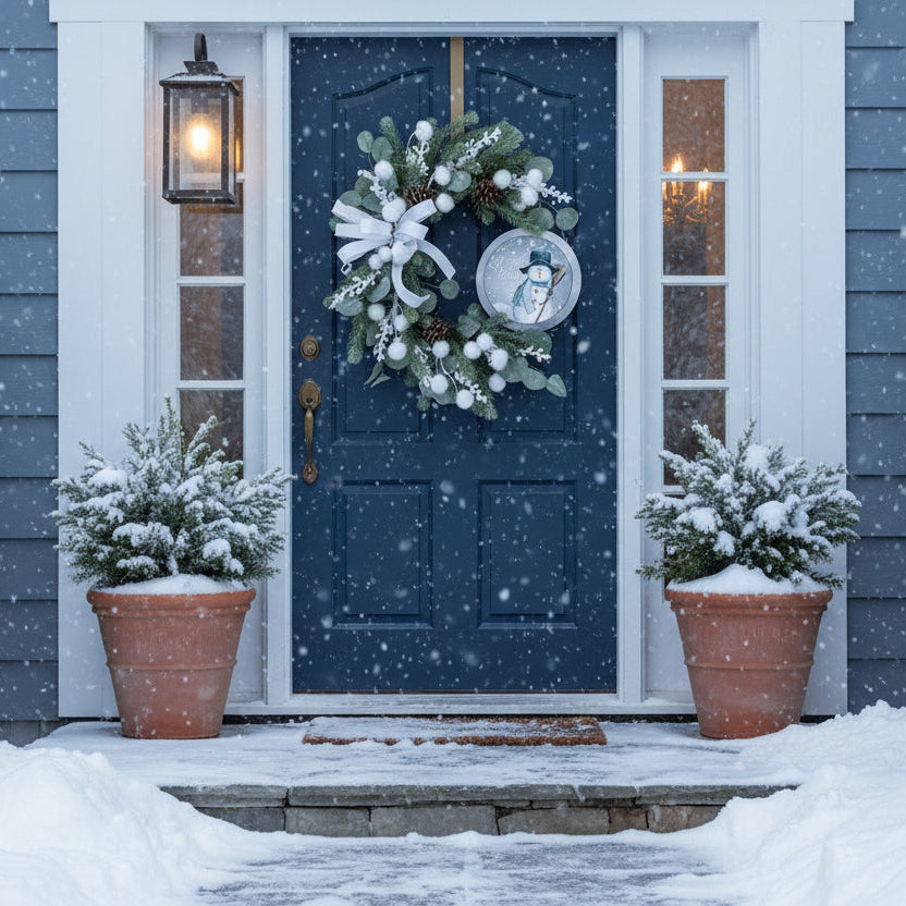 Christmas wreath with snowman decoration on a white door