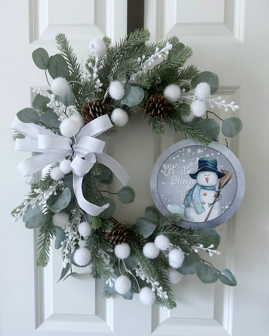 Front Door Wreath for Winter with Let It Snow Wreath Sign | Snowman Wreath | Not Christmas Wreath for Door | Farmhouse Wreath with Bow