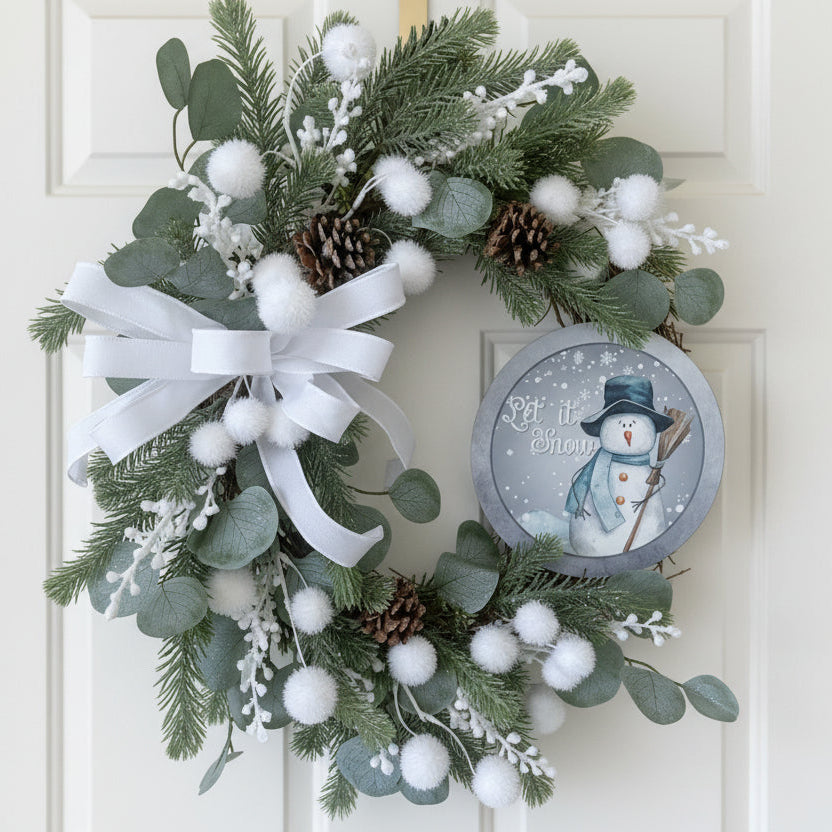 Front Door Wreath for Winter with Let It Snow Wreath Sign | Snowman Wreath | Not Christmas Wreath for Door | Farmhouse Wreath with Bow