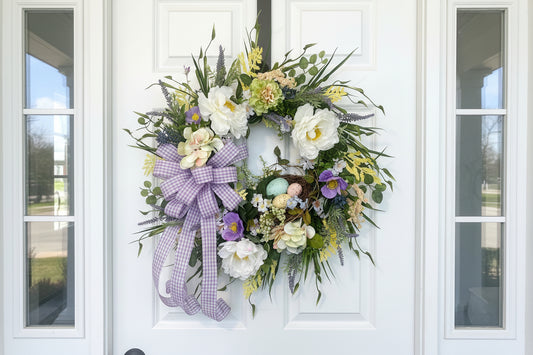 Farmhouse Spring Wreath for Front Door — Pastel Spring Flowers, Birds Nest & Oversized Peonies — Easter & Spring Decorative Outdoor Wreath for Porch, Wall, or Entryway