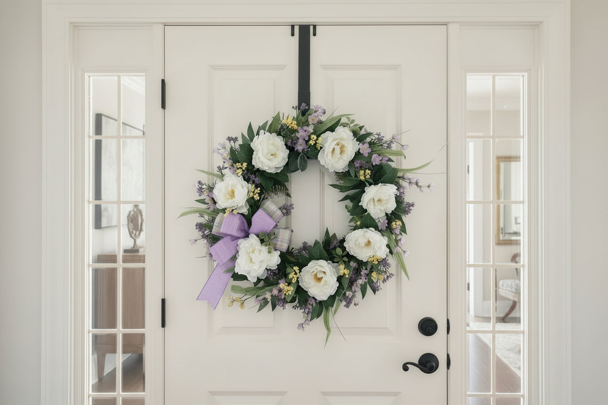 White Peony Wreath for Front Door, Spring Summer Garden Wreath