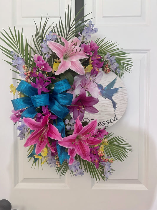 Tropical Summer Wreath, Blessed Wreath, Hummingbird Wreath Decor, Front Door Wreath, Colorful Wreath with Flowers,  Mother's Day Gift