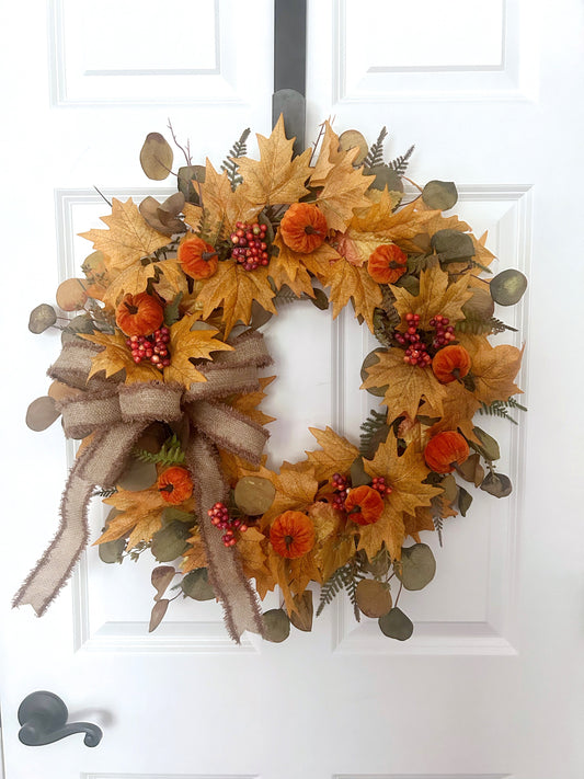Orange Velvet Pumpkin Wreath for Front Door