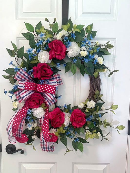 XL Patriotic Wreath for Front Door, Red White Blue Summer Wreath