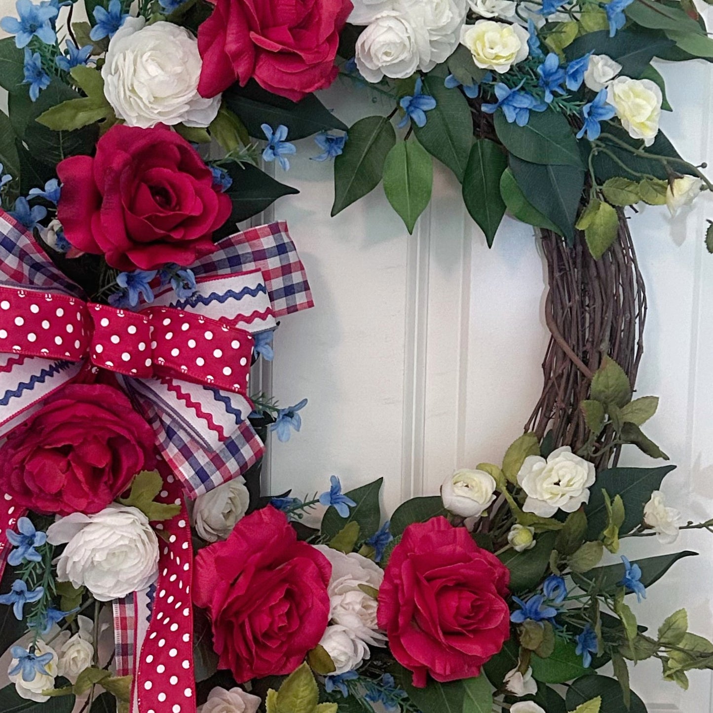 XL Patriotic Wreath for Front Door, Red White Blue Summer Wreath